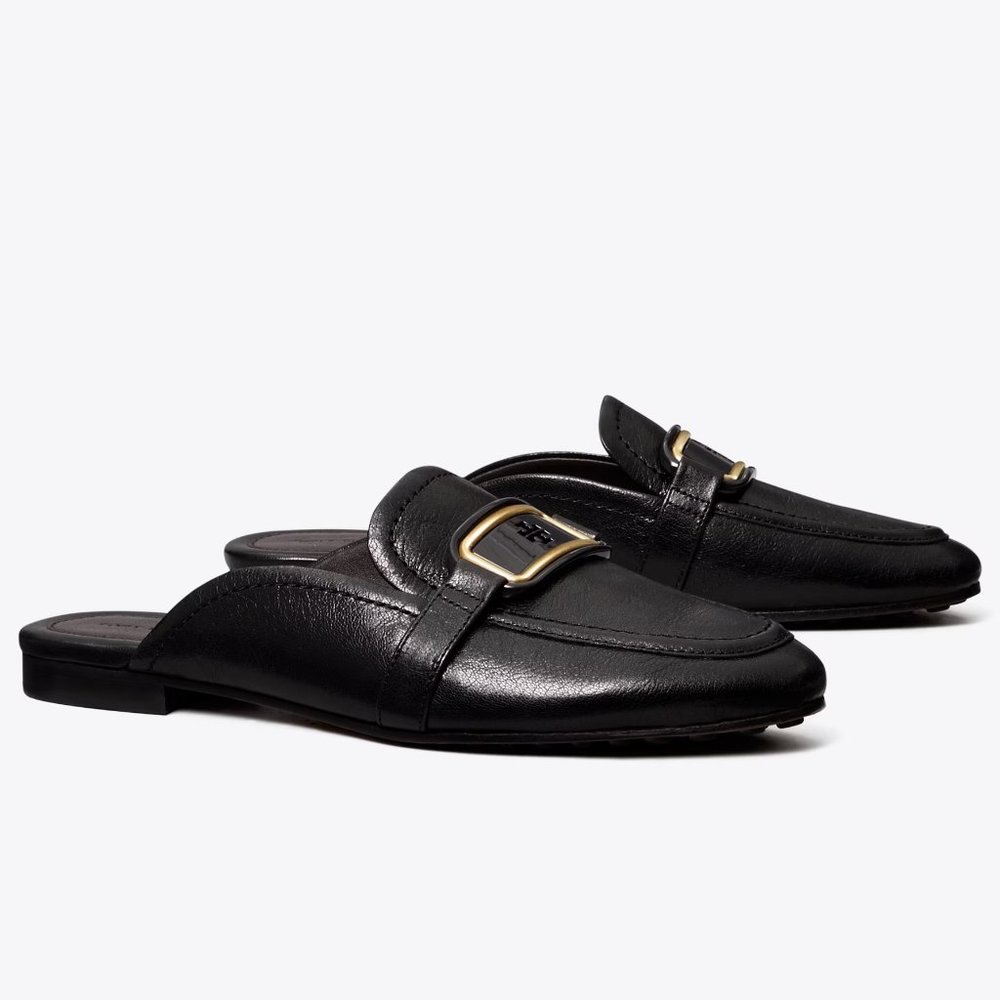 Tory Burch $298 Georgia Backless Loafer Flats Mules Black Gold Logo